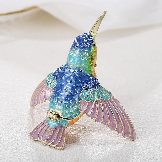 Hand Painted Trinket Box for Home Decor Accents, Enamel Hinged Jewelry Box for Bookshelf Office Table Desk Decoration, Classical Figurine Collectible Keepsake Animal Sculptures (Hummingbird)