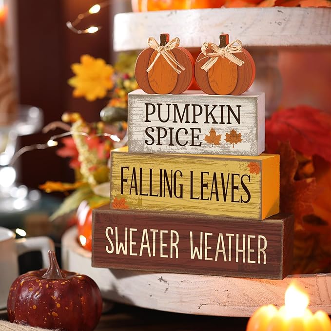 Lineshading 4 Pcs Fall Pumpkin Decor Fall Table Decoration Thanksgiving Tiered Tray Decor Thanksgiving Centerpiece Rustic Decorative Pumpkin Block Sign Gift Farmhouse Autumn Table Sign for Home