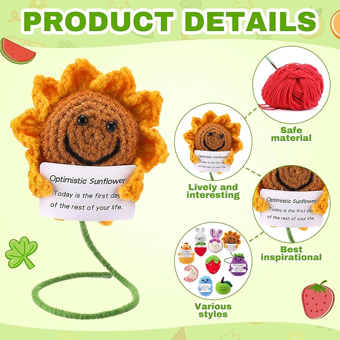 VioraWhite 18 Pcs Positive Crochet Animal Fruit Sunflower Emotional Dolls Bulk Encouragement Emotional Knitted Gifts with Positive Words for Friends Coworker Decorations for Home Office