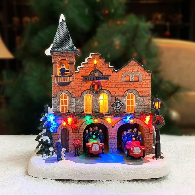 MOMENTS IN TIME Lighted Fire Station Christmas Village 12” Animated Building with LED Lights, 8 Classic Songs & Moving Fire Trucks Power Adapter Included Gift Ready Décor Holiday Display Piece