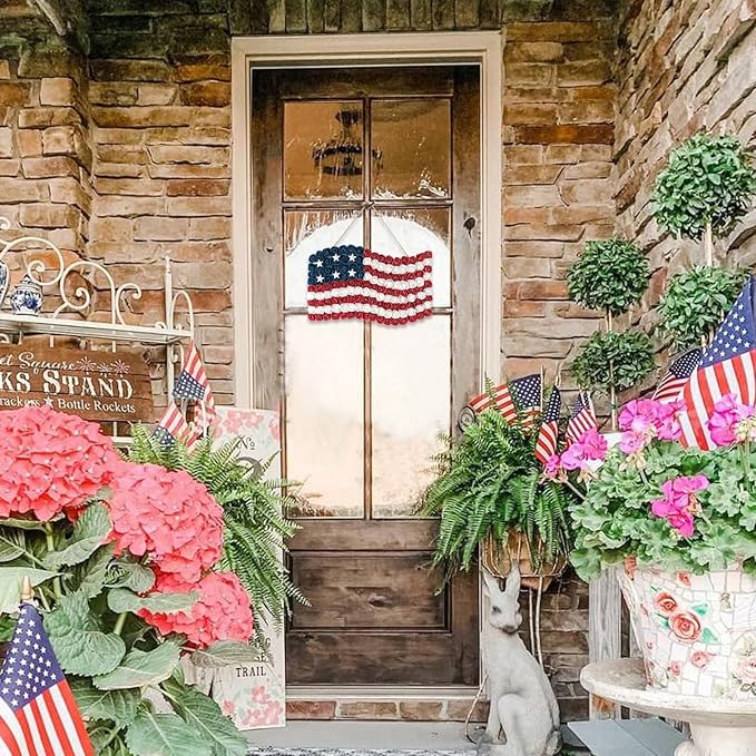 Idyllic 4th of July Wreath Patriotic Independence Day Wreath for Front Door, 17 * 11Inch Window Wall Patio Decoration Memorial Day Americana with Red White and Blue American Flag