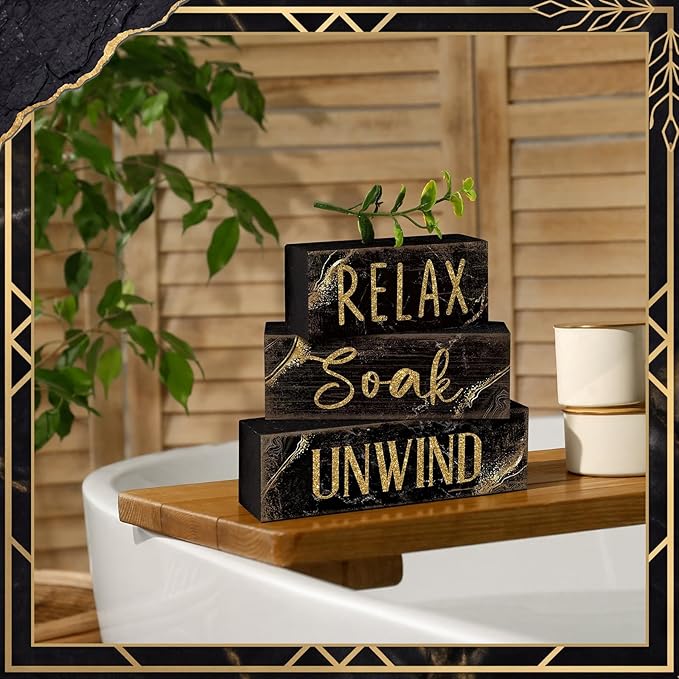 Moucuny 4 Pcs Black and Gold Bathroom Shelf Decor Sign Farmhouse Bathroom Decor and Accessories Rustic Eucalyptus Leaves Block Sign Gift Relax Soak Unwind Farmhouse Table Centerpiece for Home Toilet