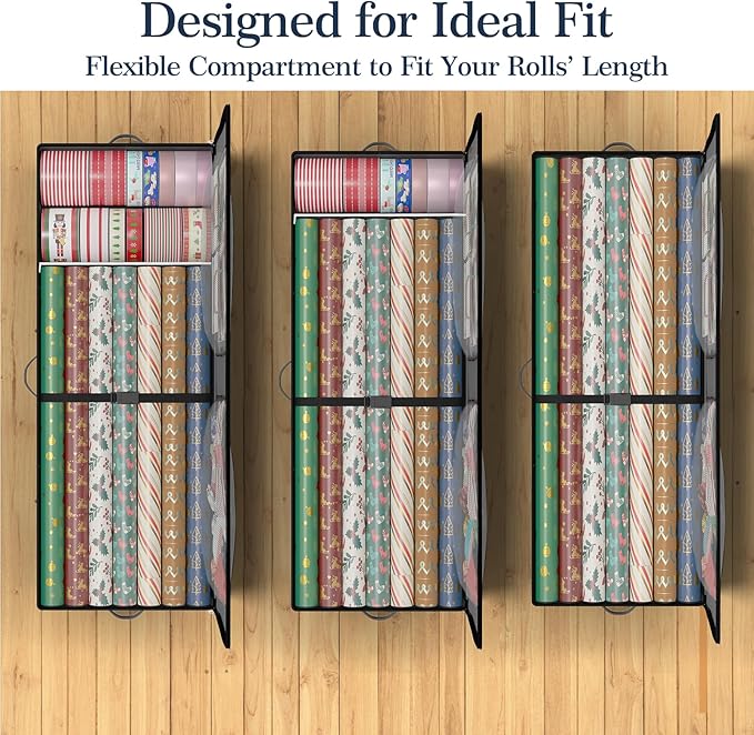 GoMaihe Wrapping Paper Storage with Wheels: Fits 41" Under-bed Gift Wrap Organizer & Container for Christmas Ribbon Accessories | Pockets & Adjustable Dividers | Easy Pull-out | Heavy-duty | Black