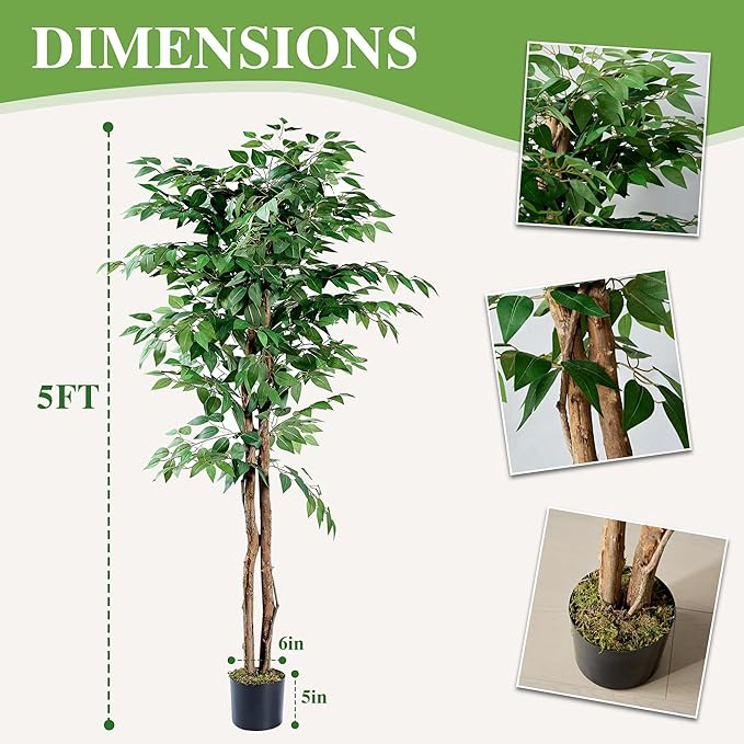 VECELO Artificial Ficus Tree with Sturdy Nursery Pot, 5FT Faux Silk Plant for Indoor Outdoor Home Garden Decor, 1 Pack