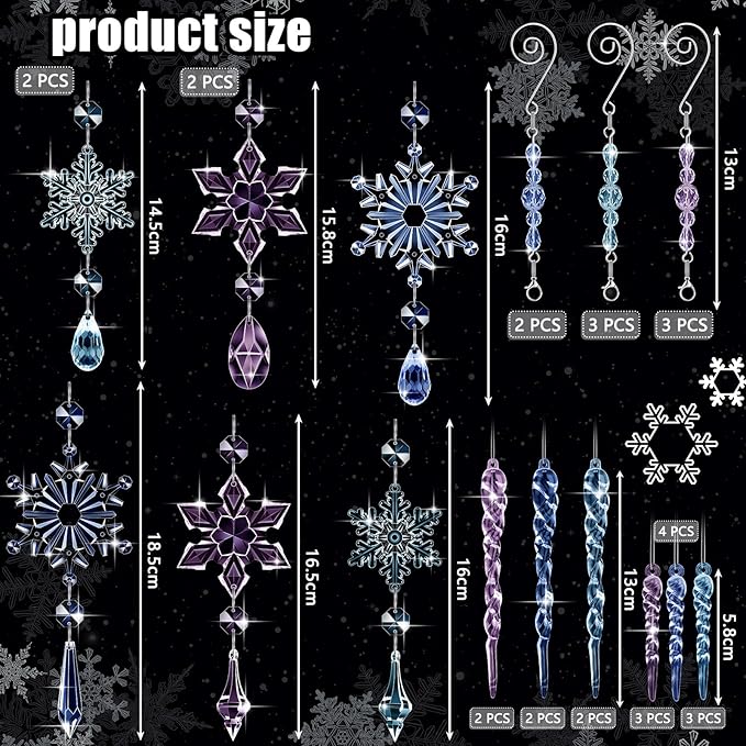Giegxin 32 Pcs Crystal Christmas Ornaments Crystal Hanging Snowflakes Acrylic Xmas Tree Icicle Drop Decorations with Hooks for Christmas Snow Party Winter(Multicolor)