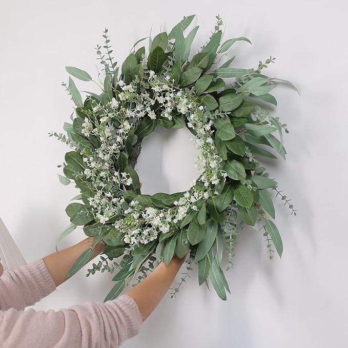 26'' Eucalyptus and Babys Breath Flowers Wreath for Front Door - Large Artificial Greenery Outdoor Wreath for Porch,Window,Farmhouse,Home,Hanging Decor- Spring, Summer, All Seasons (Green-White)