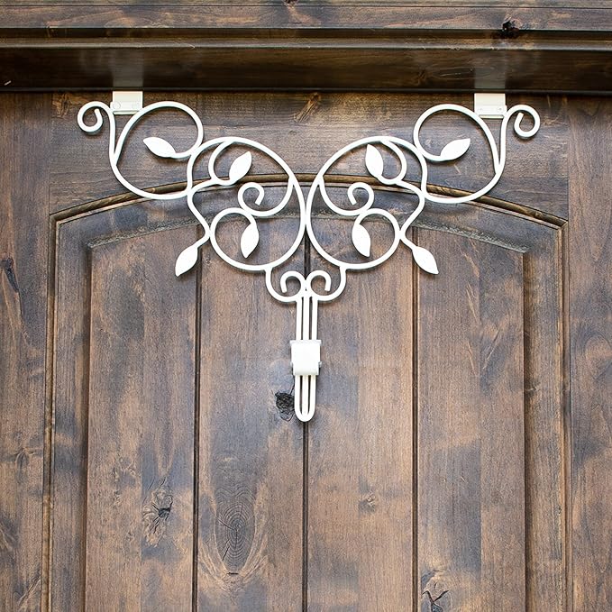 [Front Door WREATH HANGER] - Ivy Design | ADJUSTABLE Hook Length for Tall and Small Doors | PADDING to Prevent Damage like Scratch and Dents | Heavy Duty Cast Iron Metal Hangar - (White)