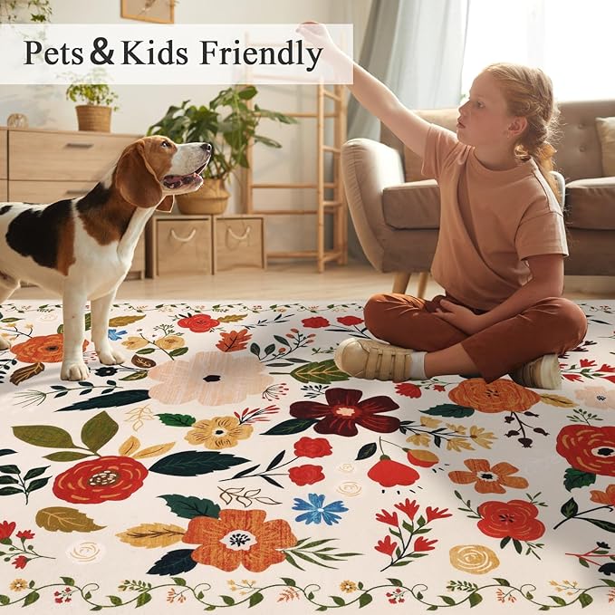 U'Artlines 6x9ft Floral Area Rug, Machine Washable Ultra Soft Low Pile Non Slip Non Shedding Accent Floor Carpet for Living Room, Bedroom, Dining Room, Office (Beige)