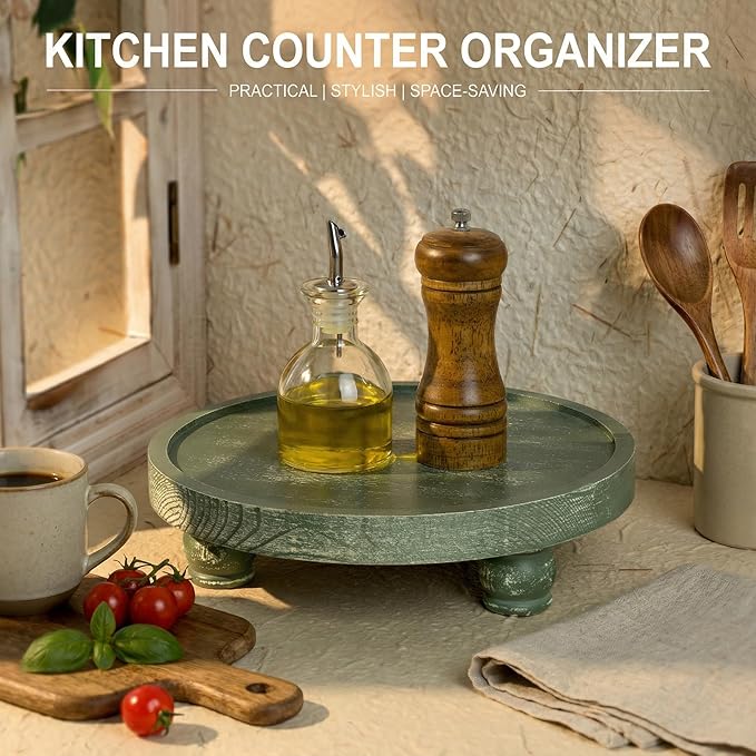 EOSAHR Farmhouse Pine Wood Riser for Home Decor – Round Pedestal Stand for Coffee Table & Kitchen Sink – Stylish Display Stand for Dish Soap Dispenser, Candles, Plants and Cupcakes (Green)