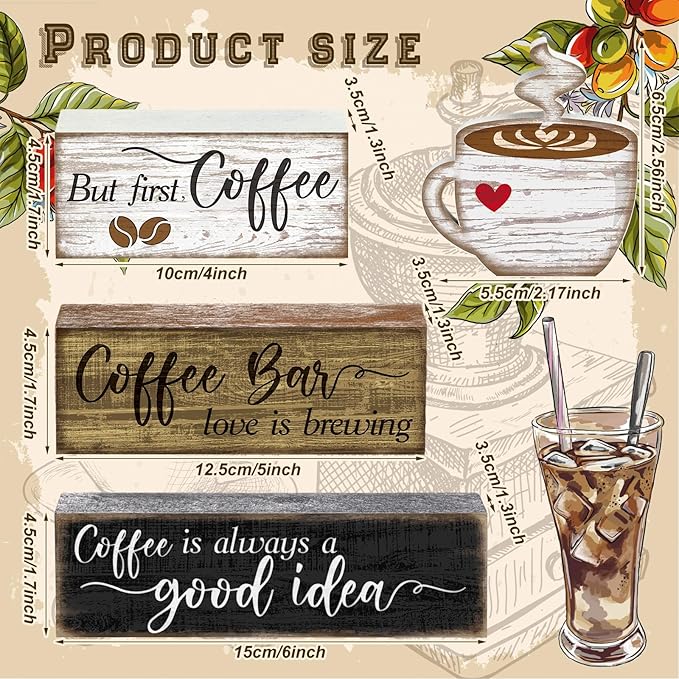 Moucuny 4 Pcs Wooden Coffee Bar Tabletop Decor Coffee Tiered Tray Decor Rustic Wood Bar Sign Gift Farmhouse Table Centerpiece Farmhouse Decorations for Home Kitchen