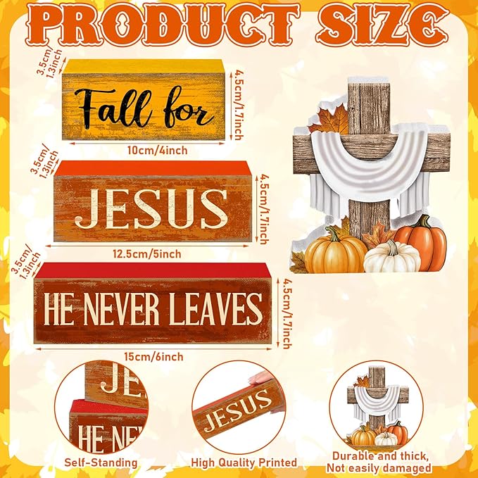 Lineshading 4 Pcs Fall Decoration for Home Rustic Fall Religious Wooden Stacked Sign Decor - Cross & Pumpkin Themed Table Decoration with Faith Quotes Thanksgiving Tiered Tray Decor for Office Church