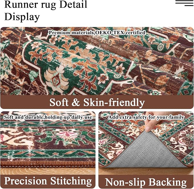 U'Artlines 3' x 20' Boho Hallway Runner Rug, Rust Non Slip Washable Vintage Farmhouse Accent Rug Carpet for Kitchen Entryway Laundry and Living Room (Rust＆Teal)