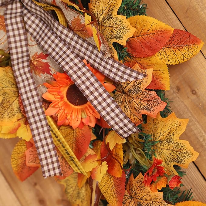 Harvest Teardrop Swag, 20inch Fall Teardrop Swag with Maple Leaves, Bow and Sunflowers, Autumn Decorative Swag Fall Floral Swag for Home Door Wall Decor(Without Light)