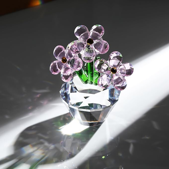 Qianwei Pink Forget Me Not Crystal Flowers - Sympathy Glass Flowers Collectible Figurines Decor Paperweight Ornament Home Office Table Desk Decorations
