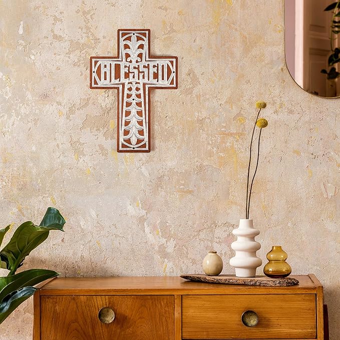 Wall Wooden Cross Christians Spiritual Religious Gifts With Hook on Hanging Wall Or Table With Blessed For Church Home Room Decoration For Christmas (Iron Blessed)