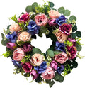 Svndlyn 22 Inch Pre-lit Artificial Spring Wreath for Front Door with Timer - 20 LED Lights, Pink Rose Peony & Eucalyptus Floral Decor, Battery Operated Summer Wreath for Indoor Covered Outdoor