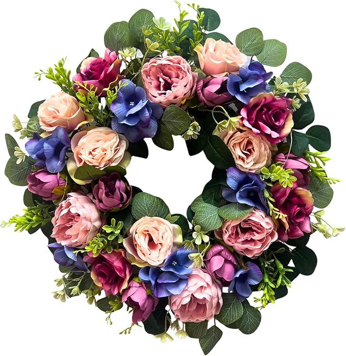 Svndlyn 22 Inch Pre-lit Artificial Spring Wreath for Front Door with Timer - 20 LED Lights, Pink Rose Peony & Eucalyptus Floral Decor, Battery Operated Summer Wreath for Indoor Covered Outdoor