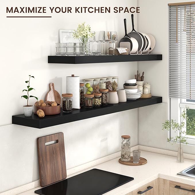 Venusmiles Floating Shelves for Wall, 72 Inch Wide x 12 Inch Deep Floating Shelves, Long Wood Floating Wall Shelf Shelves for Living Room Bathroom Bedroom Kitchen Home - (Black, 72" W x 12" D x 2" H)
