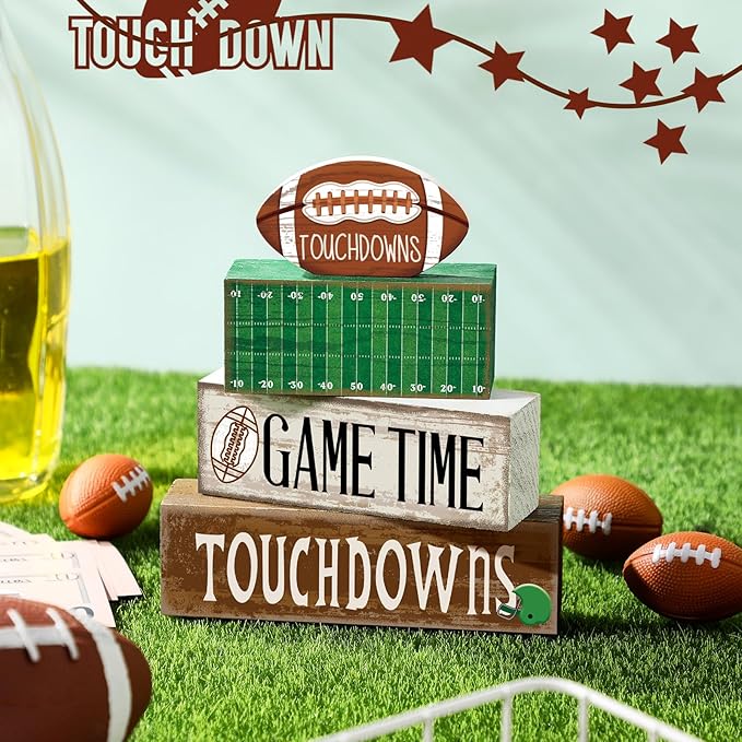 Yuntau 4 Pcs Fall Football Table Decorations Football Tiered Tray Decor Autumn Wooden Blocks Sign Game Time Touchdowns Centerpiece Decorative Faux Book Stack for Coffee Table Fireplace Mantel Shelf