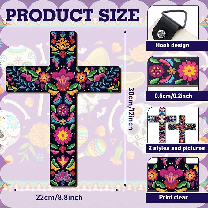 Pinkunn 2 Pcs Mexican Cross Wall Decor Floral Day of The Dead Decoration Hand Painted Wood Wall Art Dia De Muertos Altar Decorations Spanish Cross Decor for Home(Sugar Skeleton)