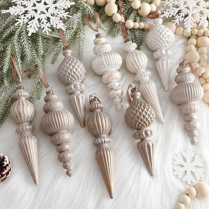 Yunlly 18 Pcs Neutral Christmas Ornaments Textured Christmas Tree Decor with Hanging Loop Modern Brown Hanging Finial Ornaments Shatterproof Home Decor for Xmas Vintage Rustic Farmhouse (Modern Color)
