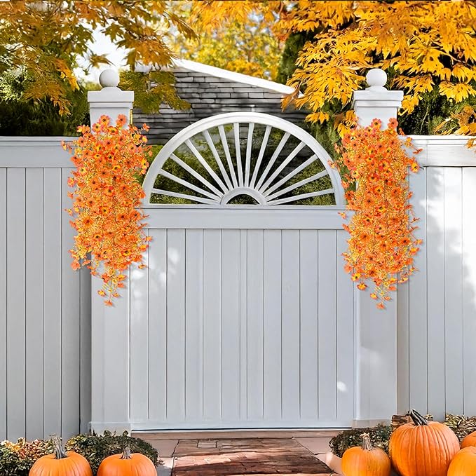 Homsunny Artificial Fall Flowers for Outdoors Fake Flowers UV Resistant 2PCS Fall Mums Flowers for Home Patio Balcony Yard Porch, Orange and Sunset Red