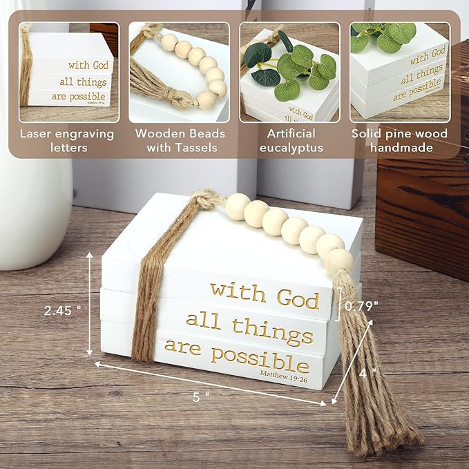 Mini Decorative Coffee Table Books, 4" D x 5" W x 3" H – Set of 3 Faux Books for Decoration, Living Room, Entryway, Bookshelf, Inspirational Christian Gifts