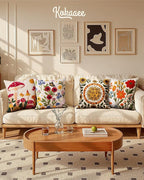 Embroidered Throw Pillow Covers 18x18 Inch - Set of 2 Summer Spring Boho Decorative Pillow Covers with Zipper for Living Room Couch Sofa Bed Aesthetic Design Retro Flower Cushion Pillowcases