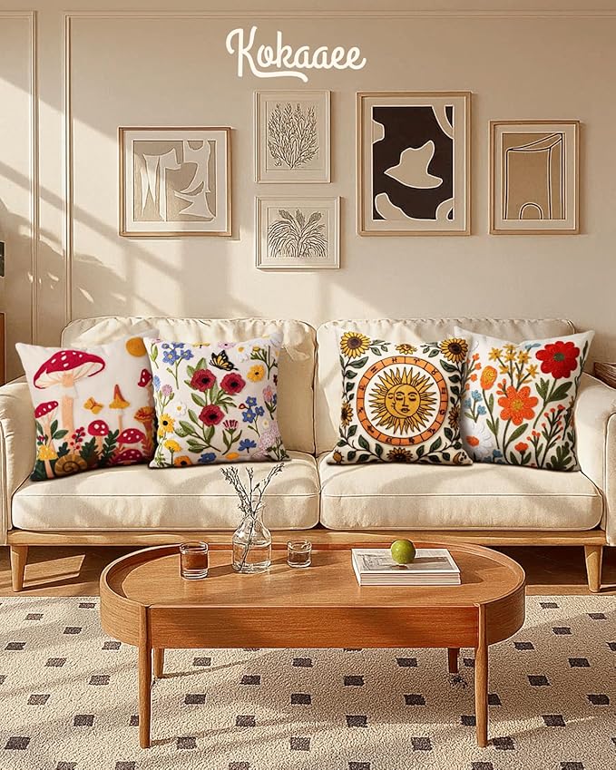 Embroidered Throw Pillow Covers 18x18 Inch - Set of 2 Summer Spring Boho Decorative Pillow Covers with Zipper for Living Room Couch Sofa Bed Aesthetic Design Retro Flower Cushion Pillowcases