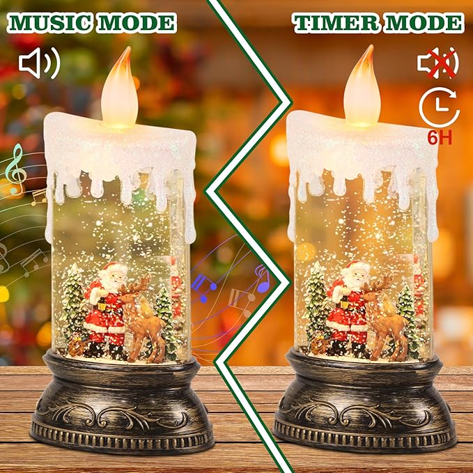 Eldnacele Christmas Music Snow Globe Lantern with 6H Timer, Battery Operated & USB Powered Lighted Santa Claus Reindeer Singing Snow Globe Candle Lamp Spinning Water Glitters Holiday Decor