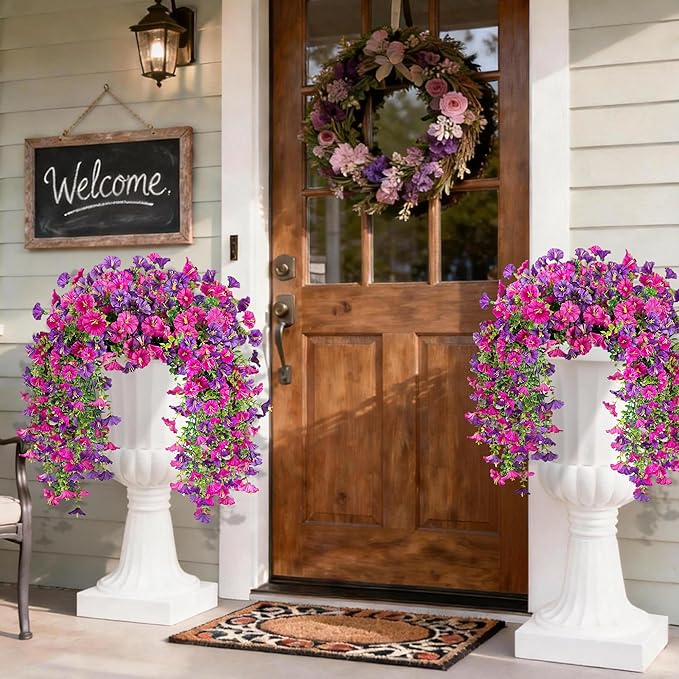Artificial Hanging Flowers for Outdoors, 2 PCS UV Resistant Faux Silk 150 Morning Glory Each Trailing Vines, Fake Plants for Spring Outdoor Garden Planter Porch Patio Decoration, Fuchsia & LightPurple