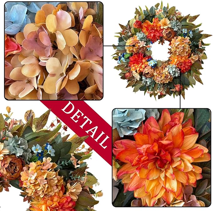 WANNA-CUL 24 Inch Spring Hydrangea &Peony Wreaths for Front Door, Summer Fall Door Wreath with Orange Dahlia Flowers for Wedding or Indoor&Outdoor Decoration