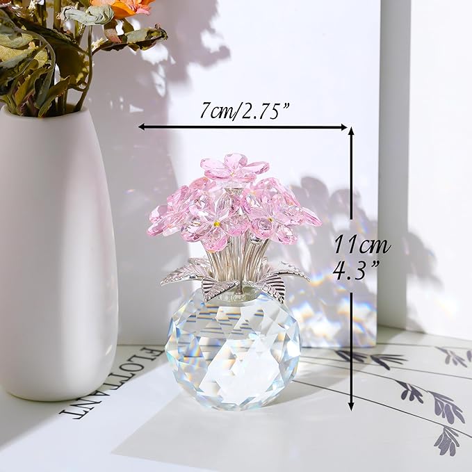 Qianwei Pink Forget Me Not Crystal Flowers - Sympathy Glass Flowers Collectible Figurines Decor Paperweight Ornament Home Office Table Desk Decorations