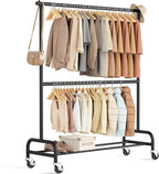 MISSLO Heavy Duty Clothes Rack for Hanging Clothes Rolling Clothing Rack Heavy Duty on Wheels for Coat, Garment, Matte Black (Double Rod)
