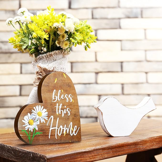 Jetec 2 Pcs Rustic Decorations for Living Room Home Shelf Mantel Entryway Table, Farmhouse Knick Knacks Christian Table Centerpiece Wooden Heart Decor for Dining Room Housewarming Gift(Daisy Style)