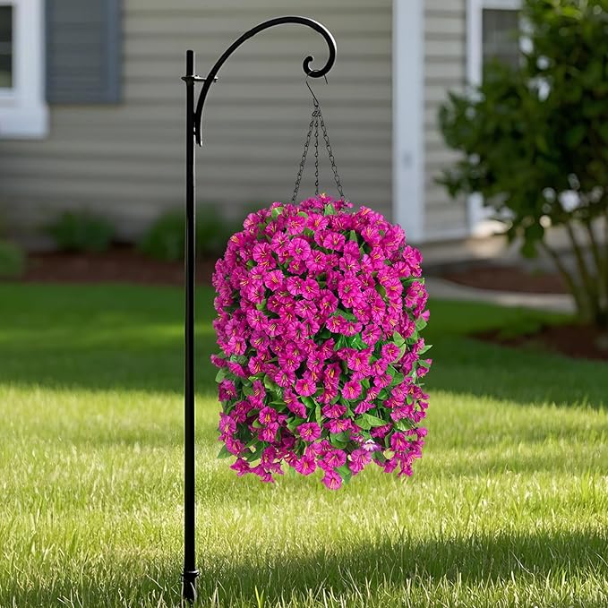 Artificial Faux Hanging Flowers Basket for Spring Summer Outdoor Porch Decoration, Fake Silk Colorful Morning Glory Eucalyptus in Planter UV Resistant for Home Balcony Yard(Red Purple)
