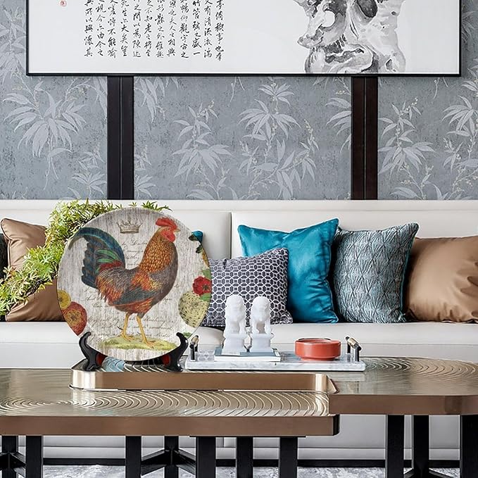 Rooster Decorative Plate Holder, 6 Inch, Crown Chicken In Flowers Round Display Plate, Home Wobble-Plate with Display Stand, for Kitchen Living Room Office Countertop Decor