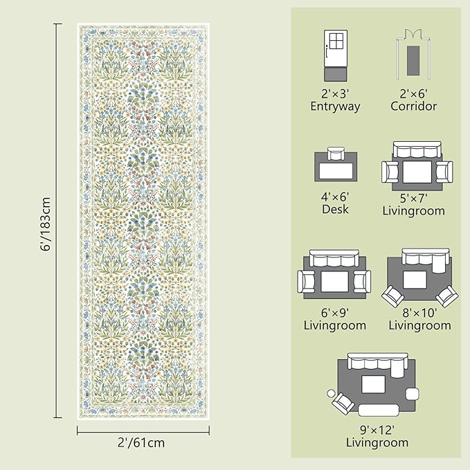 Non-Slip Bathroom Runner Rug 2x6 Feet, Washable Long Kitchen Hallway Laundry Mat, Beige Green Vintage Floral Design