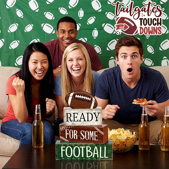 Yuntau 4 Pcs Football Fall Table Decoration Happy Football Wooden Block Sign Rugby Tiered Tray Decor Centerpiece Decorative Faux Book Stack for Holiday Tabletop Fireplace Shelf Desk Party Decor