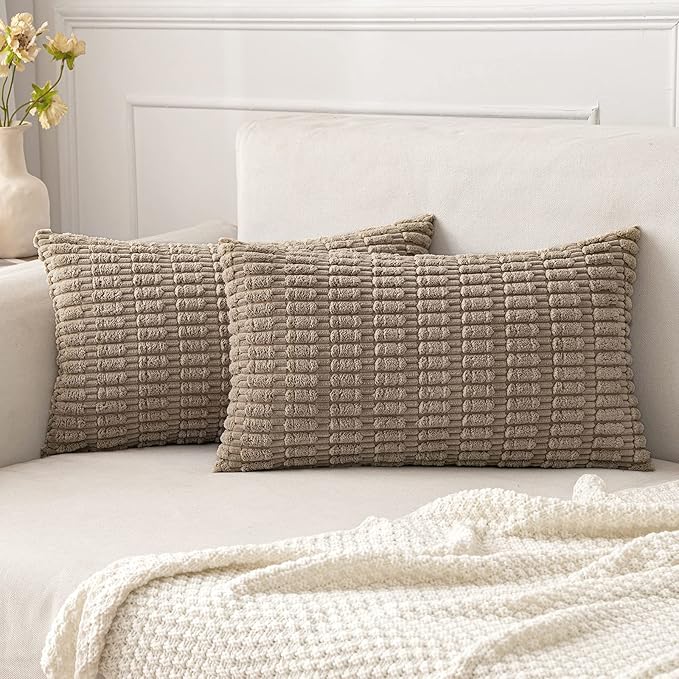 MIULEE Pack of 2 Corduroy Decorative Lumbar Throw Pillow Covers 20x12 Inch Soft Boho Striped Pillow Covers Modern Farmhouse Home Decor for Sofa Living Room Couch Bed Light Brown