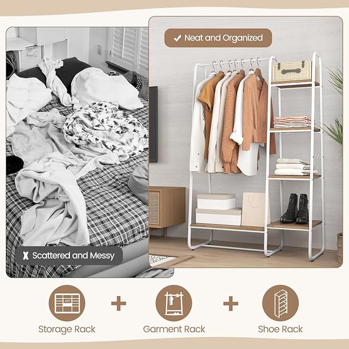 Tangkula Garment Rack with Shelves, Clothes Rack with 5 Shelves & Hanging Bar, Open Wardrobe for Hanging Clothes and Storage, Free Standing Closet Organizer, Clothing Rack for Bedroom Entryway