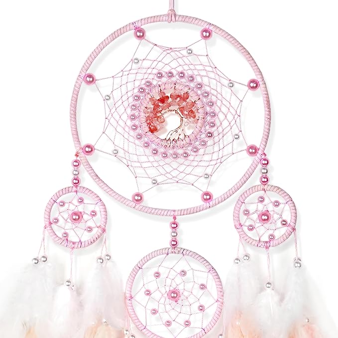 Large Dream Catchers,Crystal Life Tree,Dream Catcher for Girls,Sun Catcher,Dream Catchers for Adults,Boho Bedroom Decor,Handmade Feather Wall Decor Hanging Ornament,Hippie Gifts (Pink)