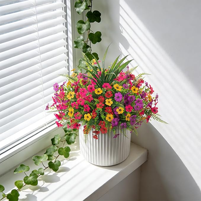 Artificial Fake Flowers Plants for Outdoor Spring Summer Decor, 12 Bundles Faux Silk Flowers for Outdoor Outside Planter Colorful Daisy UV Resistant Look Real for Front Door Porch Patio Yard