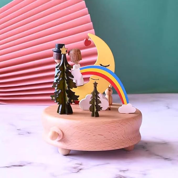 Natural Solid Wood Handcrafted Beech Wooden, Musical FigureTotoro/Carousel/Fairy/Ballerina Figurine,Rotating Hand Crank Mechanism Music Box,Musical Decorations (Moon Lover)