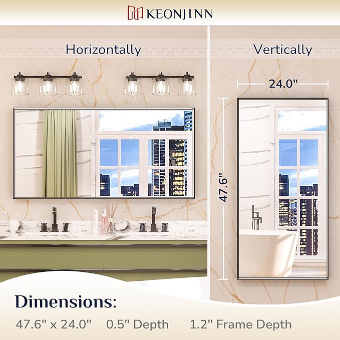 Keonjinn 48 x 24 Inch Black Bathroom Mirrors for Over Sink Bathroom Vanity Mirror for Wall Metal Frame Rectangle Mirror Large Square Corner Matte Black Mirror Full Length Mirror(Horizontal/Vertical)