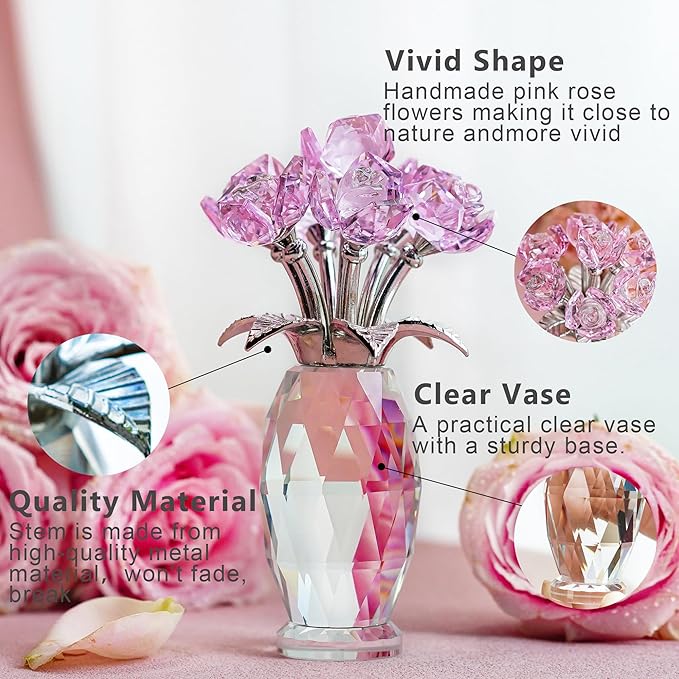 H&D HYALINE & DORA Pink Crystal Rose Flower Figurine,Glass Rose Flowers Gifts for Women,Crystal Rose Flower Collectible for Christmas Wedding Decor