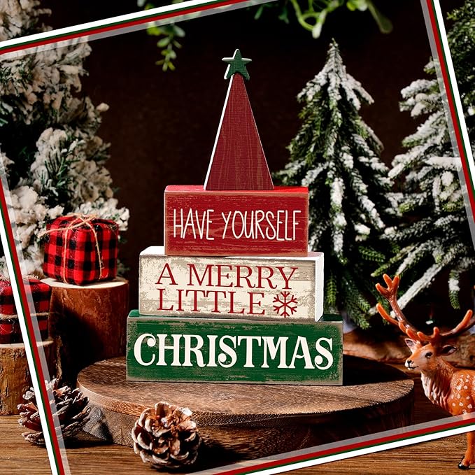 Moucuny 4 Pcs Christmas Decor Wooden Christmas Tree Winter Tiered Tray Decor Xmas Table Centerpiece Rustic Decorative Tree Block Signs Gift Farmhouse Winter Table Decoration for Home Kitchen
