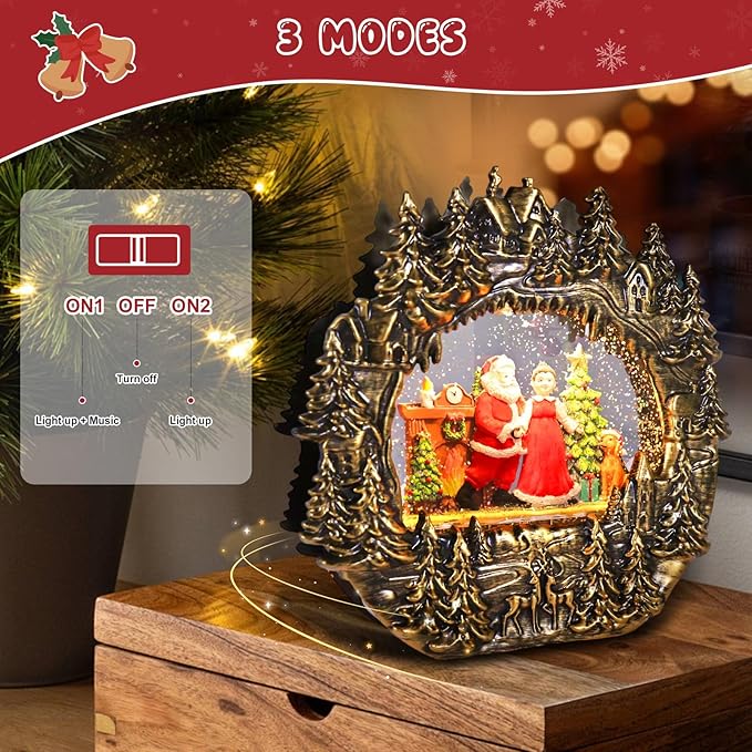 Christmas Snow Globe Lantern Water Glittering Lantern with Santa Claus 8 Music Songs & 6H Timer Christmas Snow Globes USB & Battery Operated for Christmas Festival Decorations Gifts (Bridge-Santa)