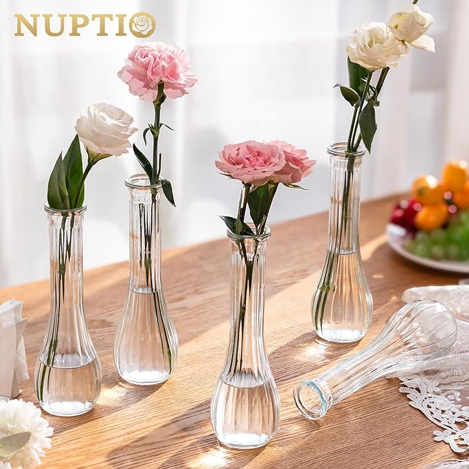 NUPTIO Glass Bud Vases Centerpiece: 6 Pcs Small Flower Vase for Wedding in Bulk - Cute Clear Ribbed Vase for Party Events Home Table Decor