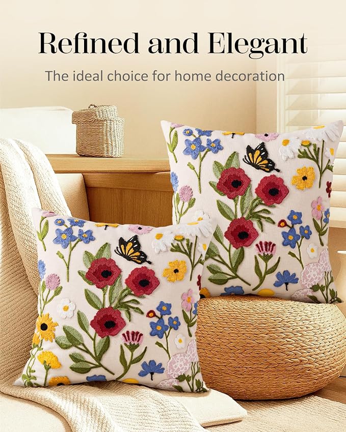 Embroidered Throw Pillow Covers 18x18 Inch - Set of 2 Summer Spring Boho Decorative Pillow Covers with Zipper for Living Room Couch Sofa Bed Aesthetic Design Retro Flower Cushion Pillowcases